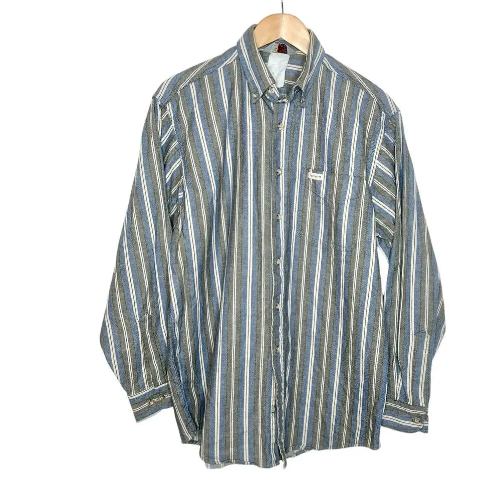 Carhartt Vintage Mens Striped Shirt Size L Work Chore Engineer Twill Button up